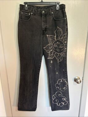 Hand-dyed Black Boot Cut Jeans with Sun & Cloud Bleach Dye Boho Goth Grunge